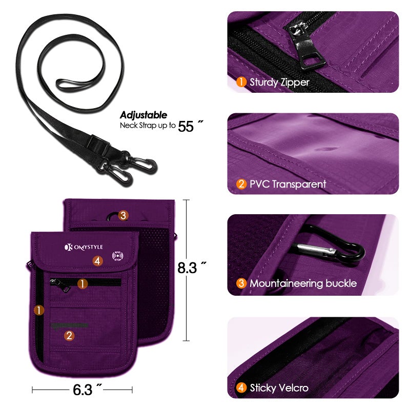 OMYSTYLE Neck Wallet, RFID Passport Holder for Travel, Adjustable Neck Strap, Waterproof Neck Pouch for Men & Women to Keep Cash, Credit Cards and Documents Safe, Purple (8x6) - Image 3